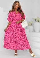 Šaty maxi z bufkami w panterkę Tropic Soul fuchsiová