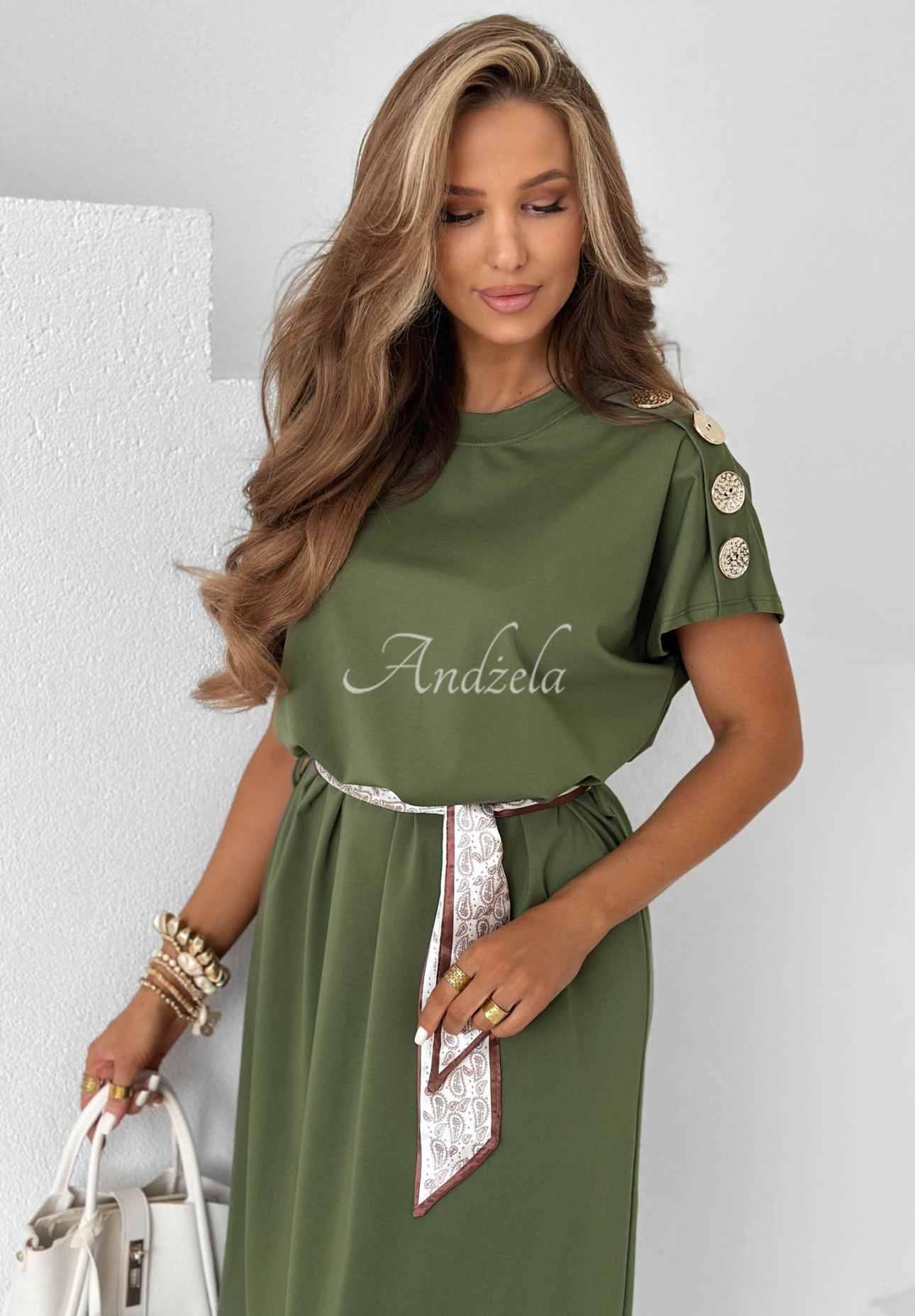 Viskózové šaty midi so šatkou a ozdobnými gombíkmi Sailor Charm khaki