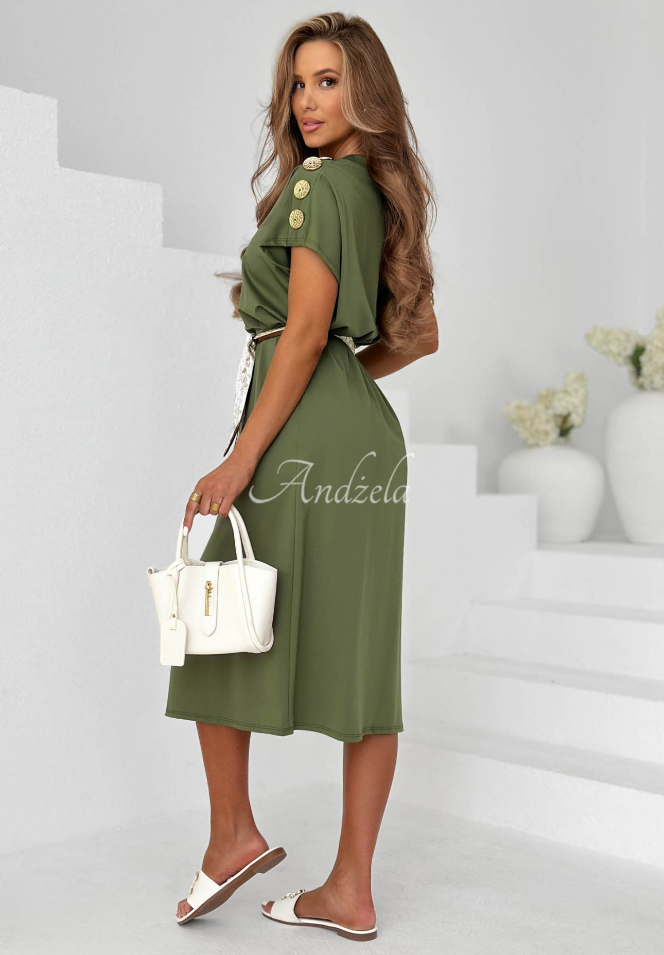 Viskózové šaty midi so šatkou a ozdobnými gombíkmi Sailor Charm khaki
