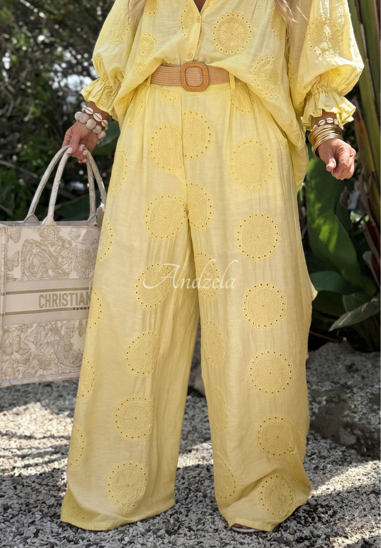 Vyšívané nohavice wide leg boho z bavlny Ti Amo žlté