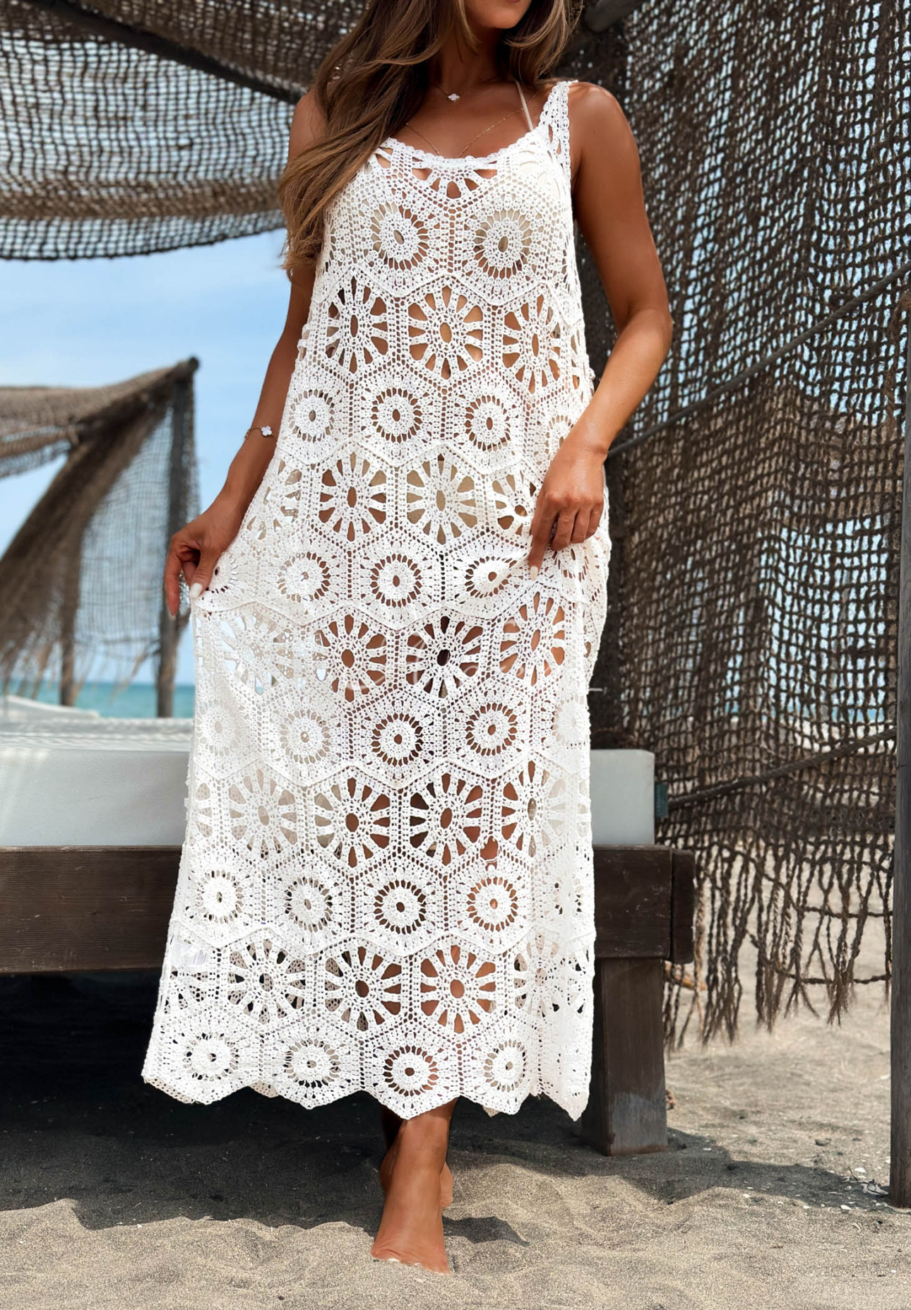 Bavlnený plážový maxi prehoz na ramienka boho Coco Paradise Biela