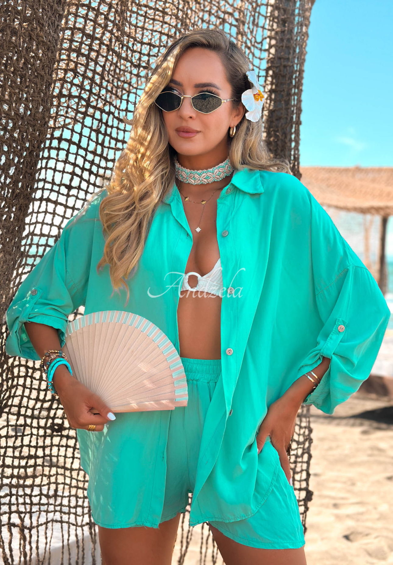 Viskózová súprava košeľa a krátke šortky Summer Essence tyrkysový