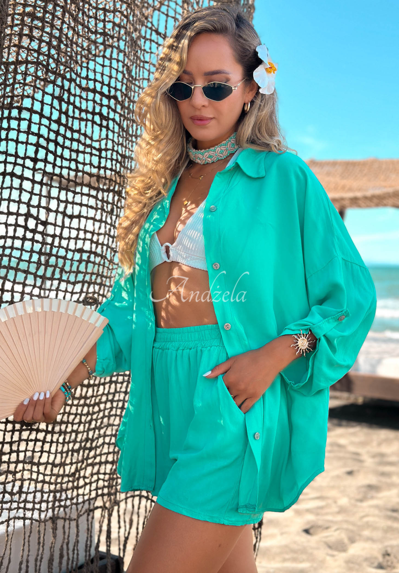 Viskózová súprava košeľa a krátke šortky Summer Essence tyrkysový