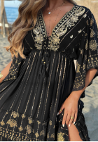 Šaty maxi ze złotymi haftami boho Palm Royale čierna