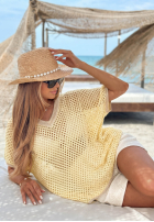 Ažúrový bavlnený sveter s výstrihom Sandy Glow žltá