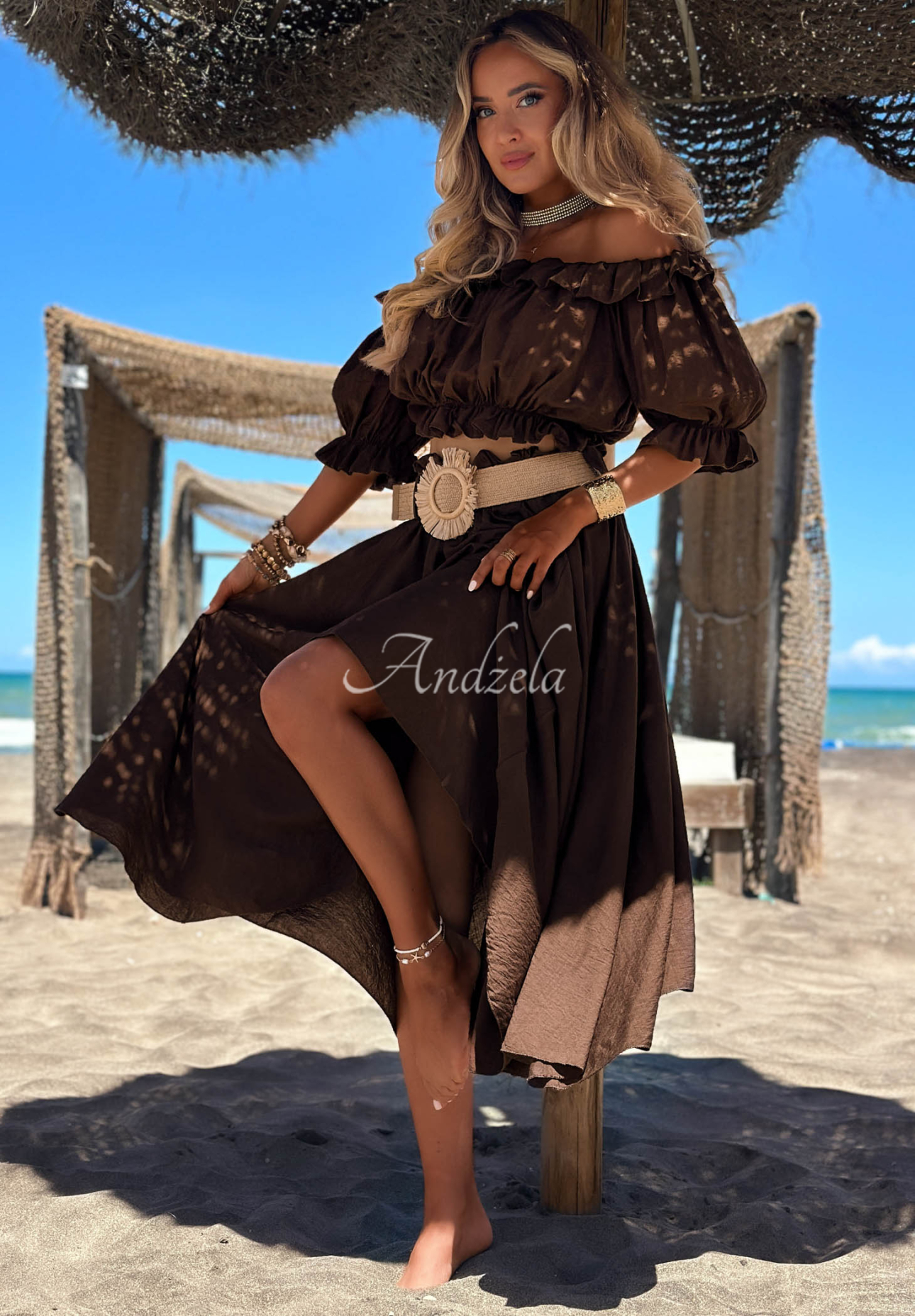 Viskózová súprava blúzka španielka a maxi sukňa s opaskom Summer Beauty čokoládový
