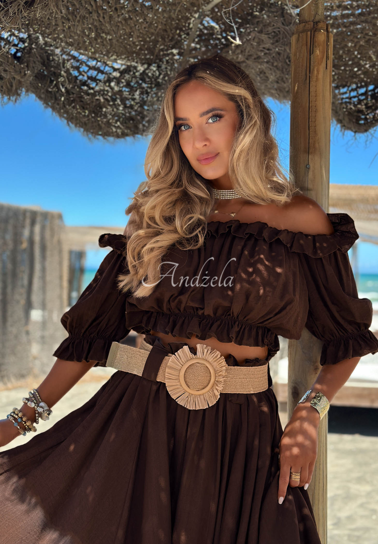 Viskózová súprava blúzka španielka a maxi sukňa s opaskom Summer Beauty čokoládový