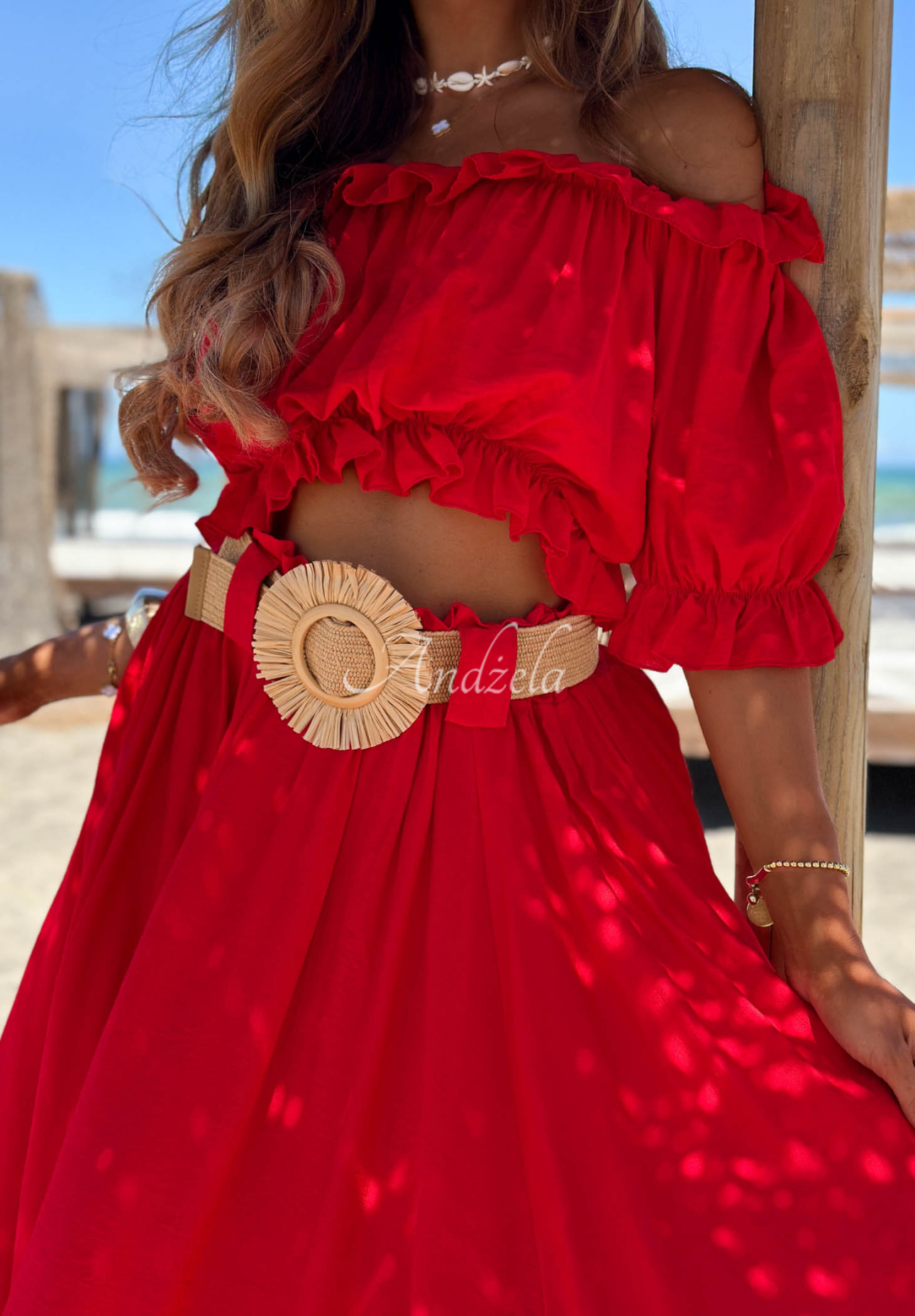 Viskózová súprava blúzka španielka a maxi sukňa s opaskom Summer Beauty červený