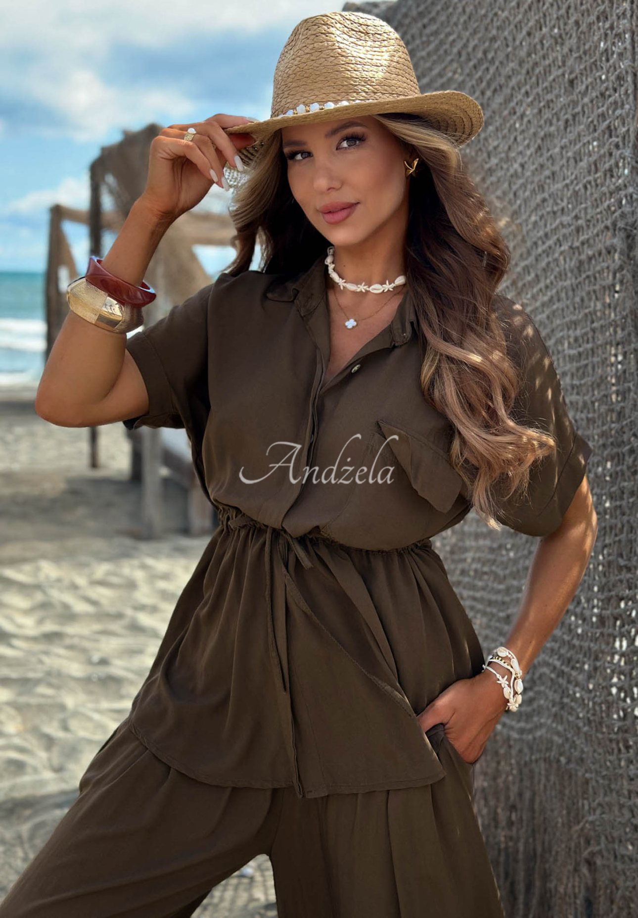 Viskózová súprava košeľa so sťahovaním a nohavice wide leg Elite Summer čokoládový