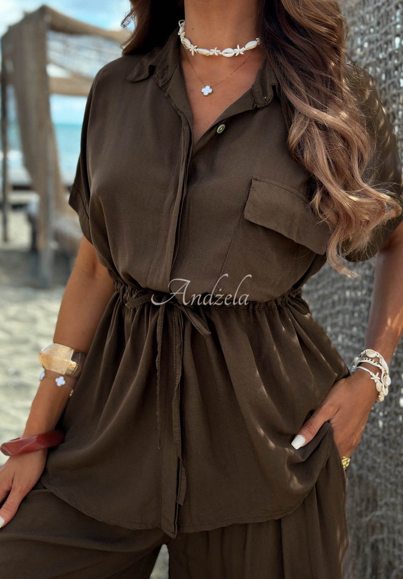 Viskózová súprava košeľa so sťahovaním a nohavice wide leg Elite Summer čokoládový
