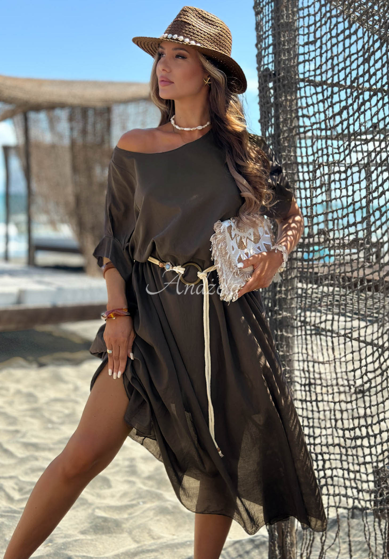 Bavlnené šaty s pleteným opaskom Summer Diva čokoládová