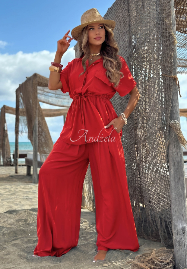 Visk&oacute;zov&aacute; s&uacute;prava ko&scaron;eľa so sťahovan&iacute;m a nohavice wide leg Elite Summer červen&yacute;