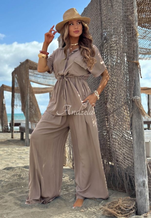 Visk&oacute;zov&aacute; s&uacute;prava ko&scaron;eľa so sťahovan&iacute;m a nohavice wide leg Elite Summer b&eacute;žov&yacute;