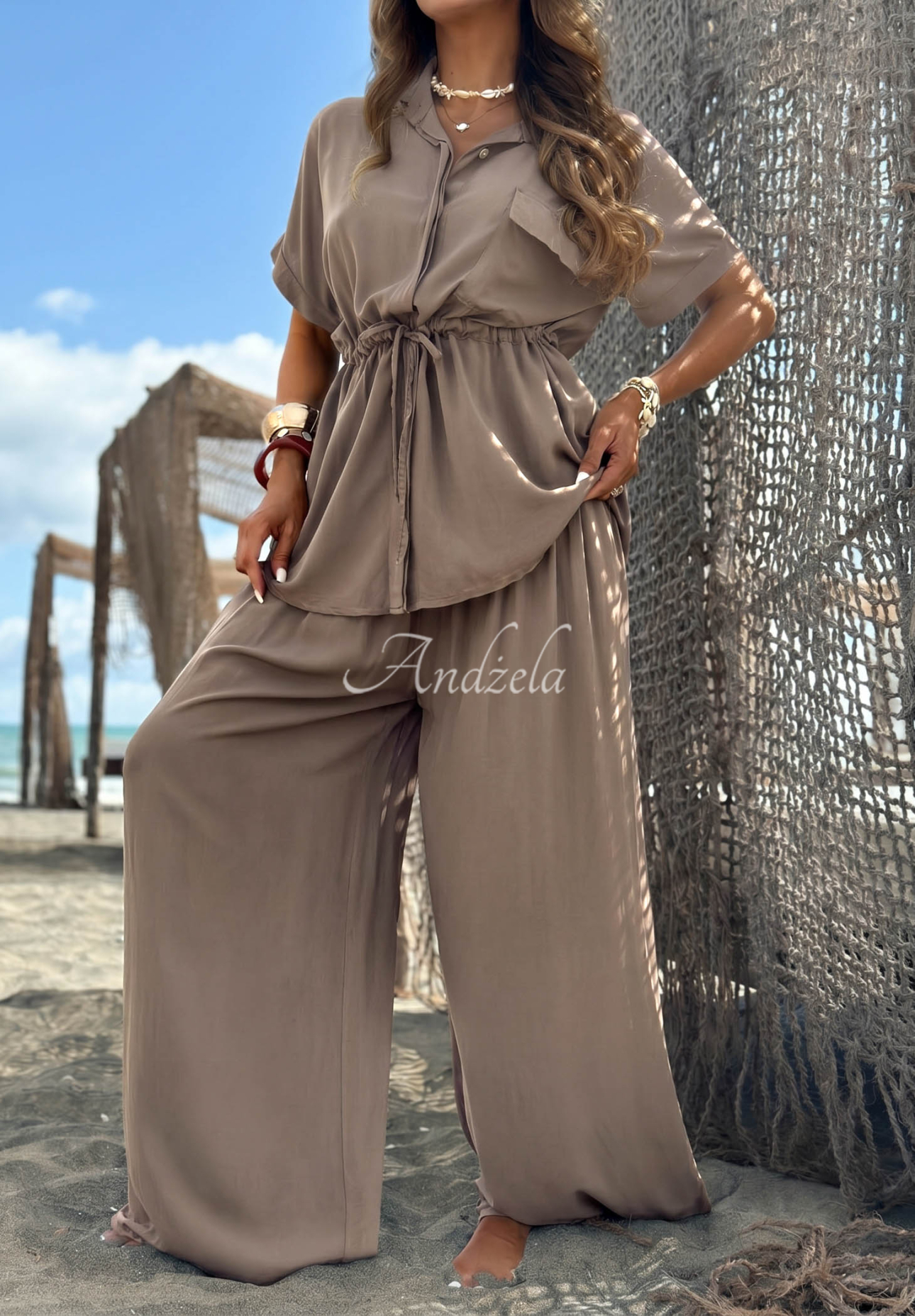 Viskózová súprava košeľa so sťahovaním a nohavice wide leg Elite Summer béžový