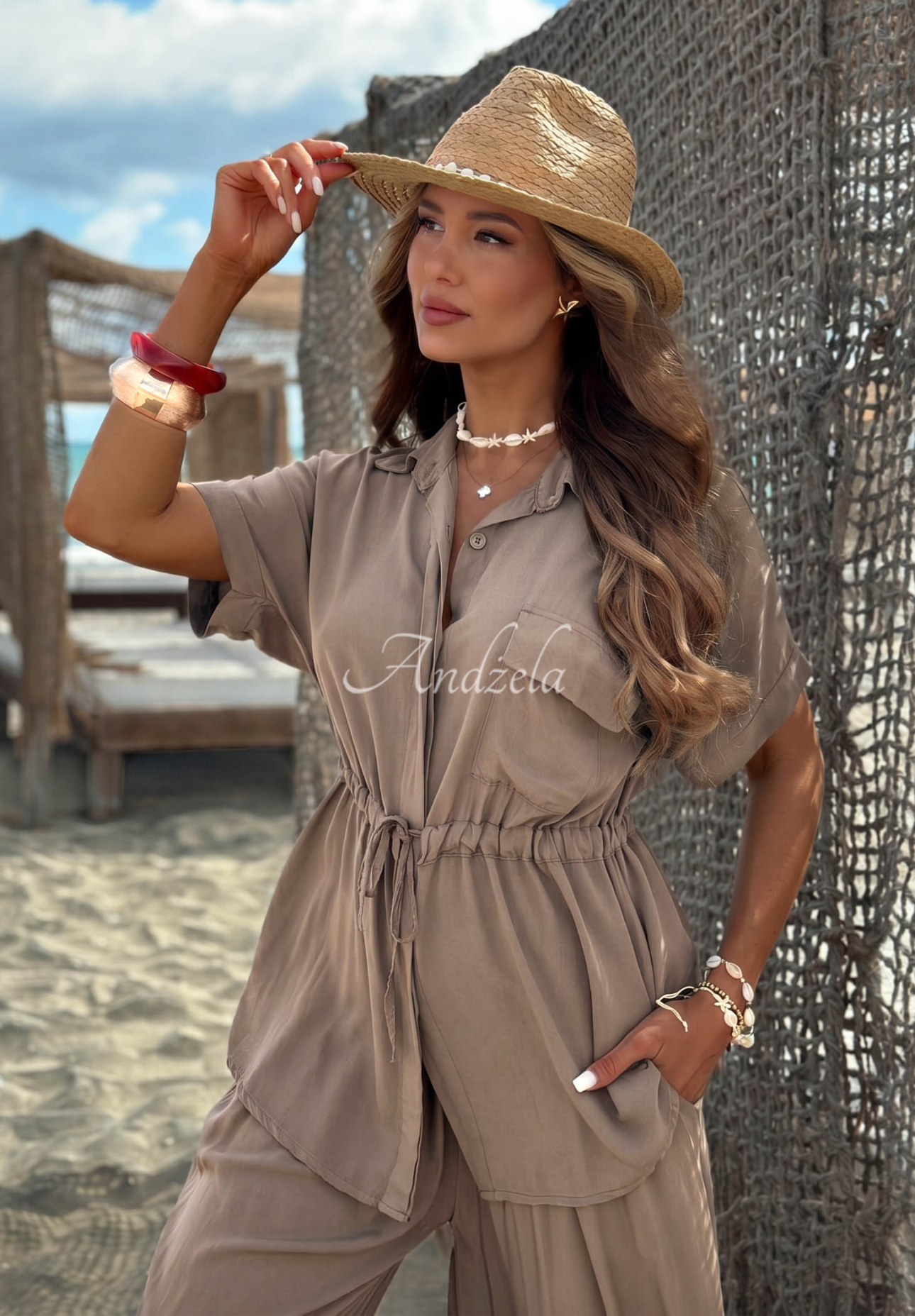 Viskózová súprava košeľa so sťahovaním a nohavice wide leg Elite Summer béžový