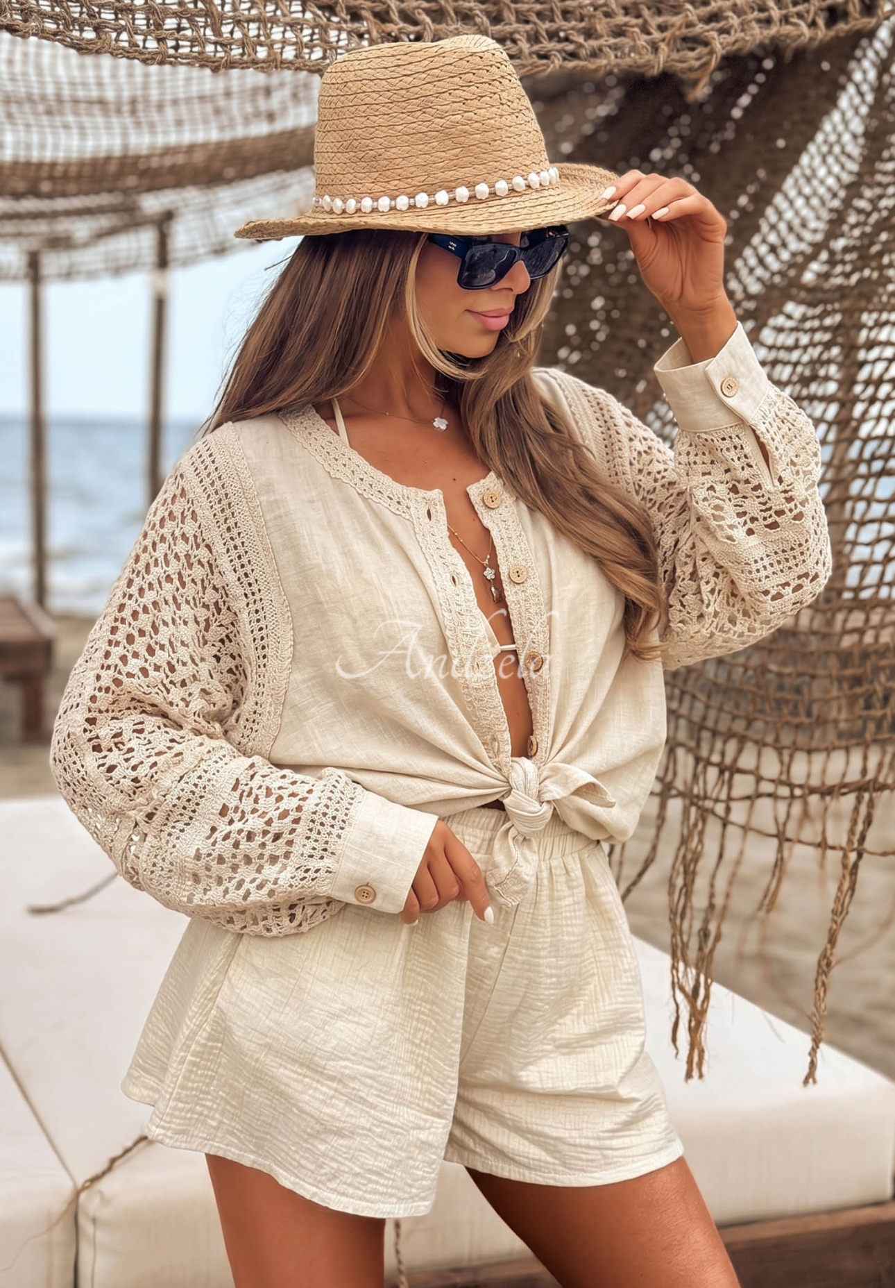 Ažúrová košeľa boho z ľanu a viskózy Dolce Sunshine béžová