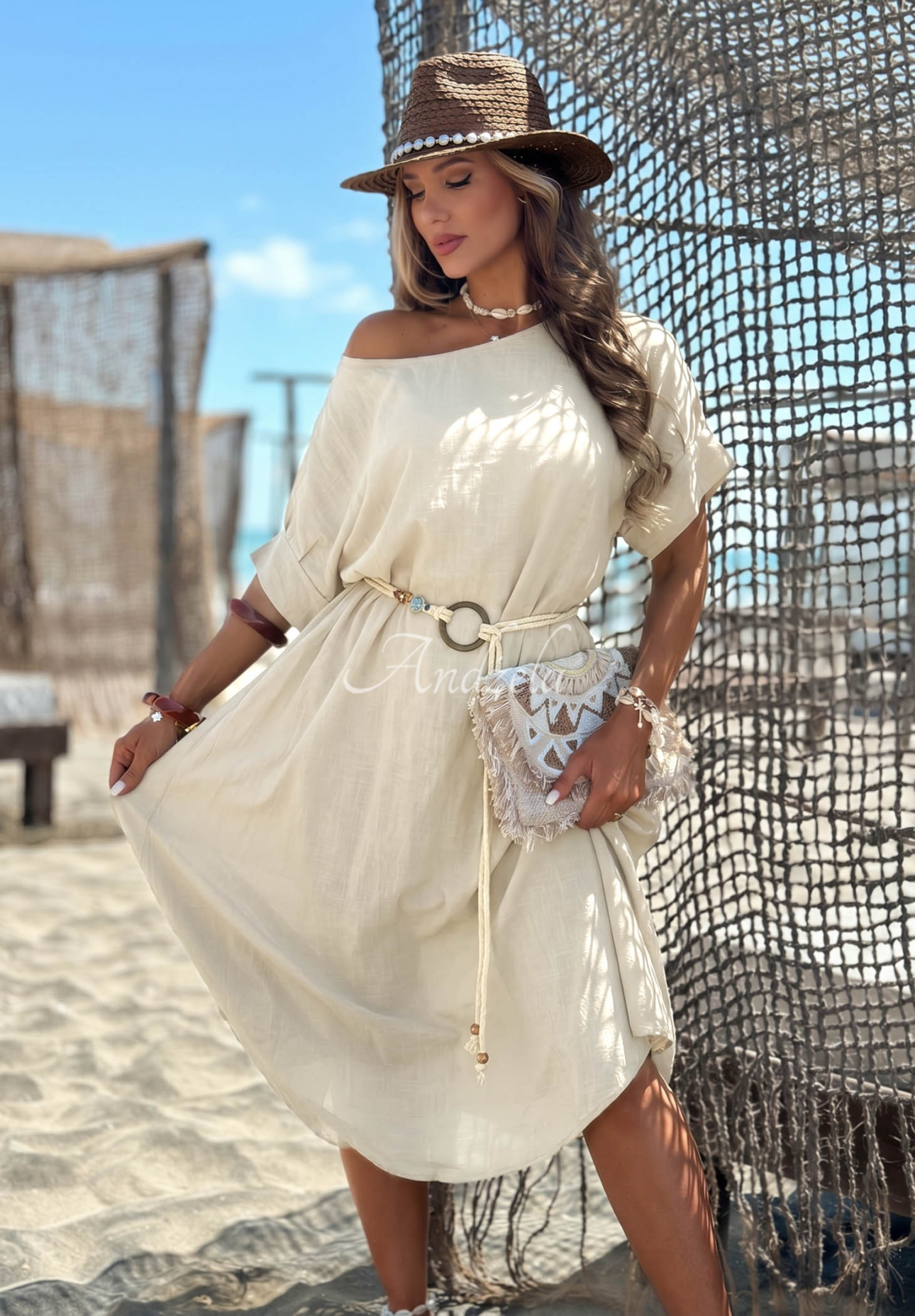 Bavlnené šaty s pleteným opaskom Summer Diva béžová