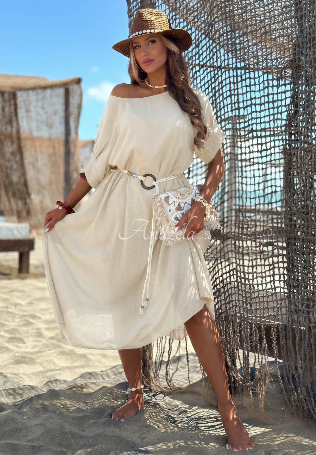 Bavlnené šaty s pleteným opaskom Summer Diva béžová
