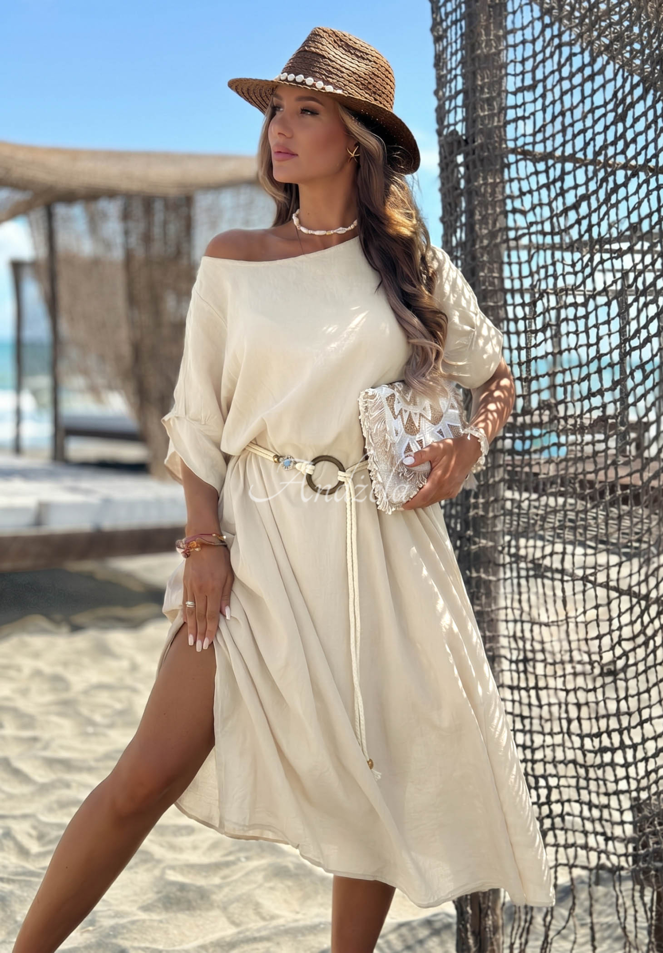Bavlnené šaty s pleteným opaskom Summer Diva béžová