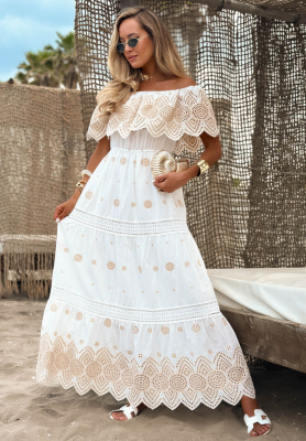 Ažúrové maxi šaty španielka boho z bavlny Sun Queen Biela
