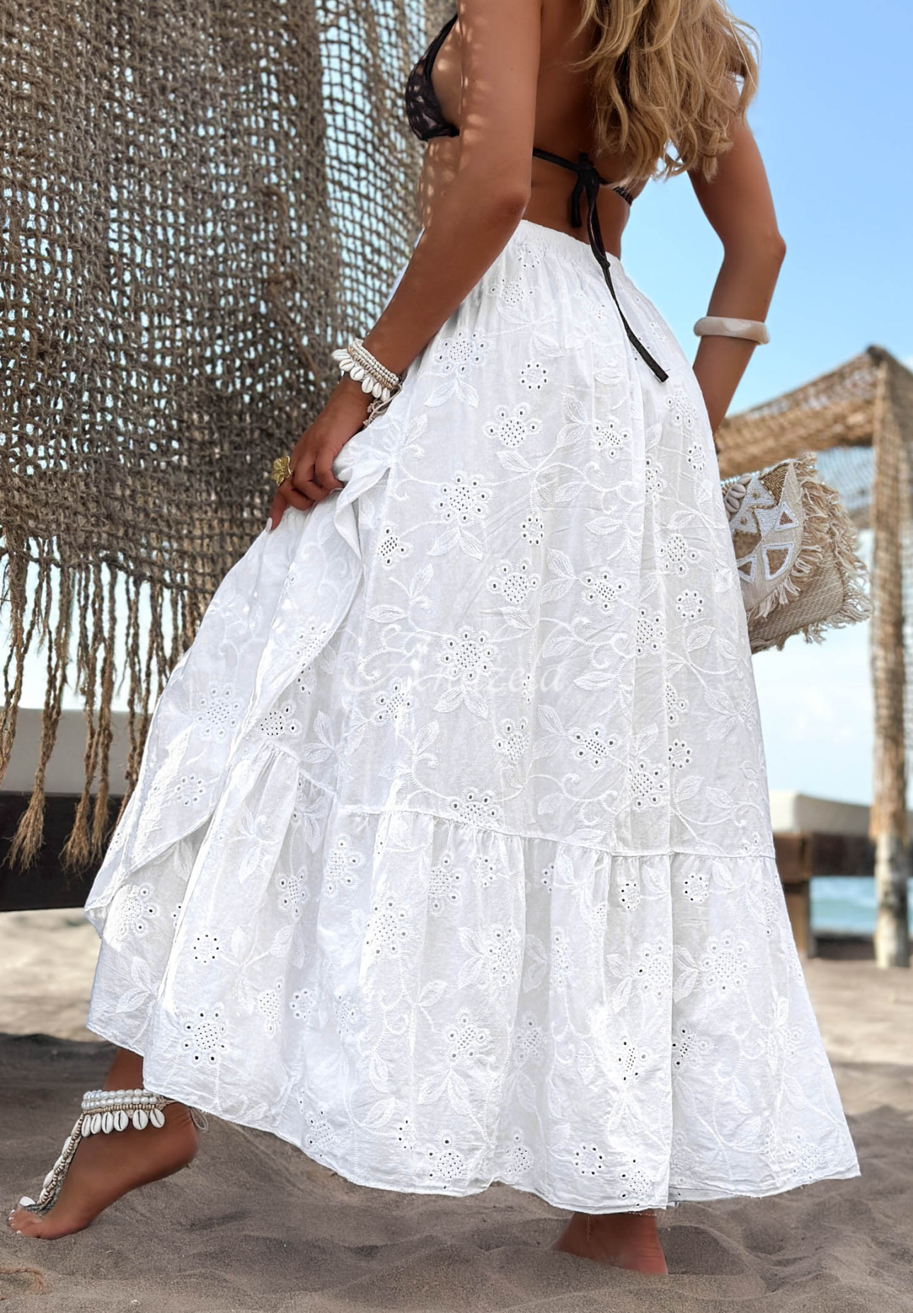 Ažúrová bavlnená sukňa s volánikmi boho Riviera Daydream Biela