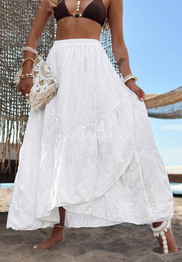 Až&uacute;rov&aacute; bavlnen&aacute; sukňa s vol&aacute;nikmi boho Riviera Daydream Biela