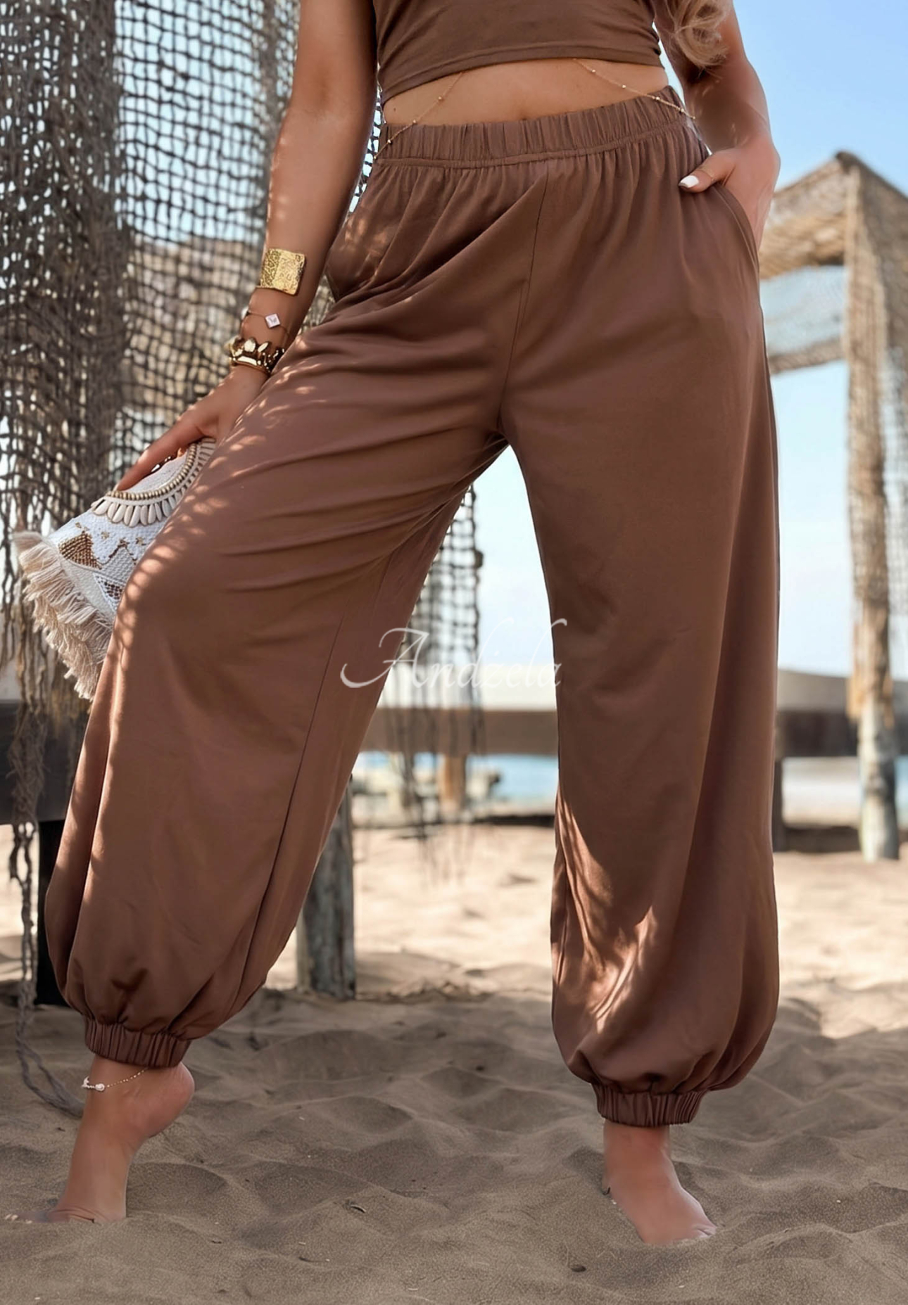Bavlnené nohavice joggery Summer Wind čokoládové
