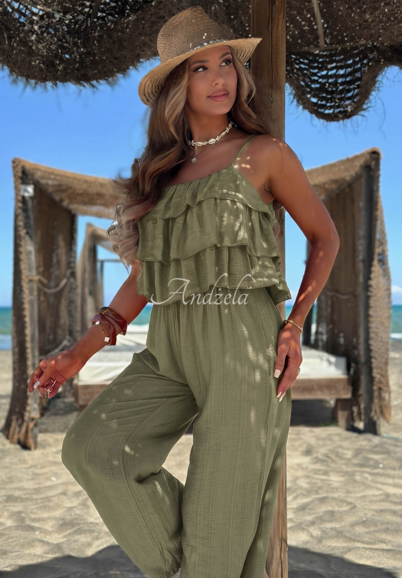 Dlhý viskózový overal na ramienka s volánikmi Ocean Charm khaki