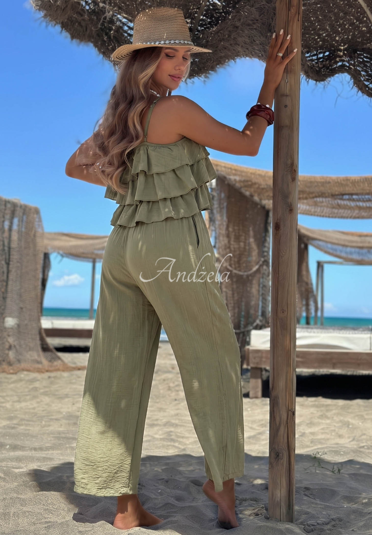 Dlhý viskózový overal na ramienka s volánikmi Ocean Charm khaki