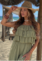 Dlhý Overal wide leg na ramiączkach z falbankami Ocean Charm béžový