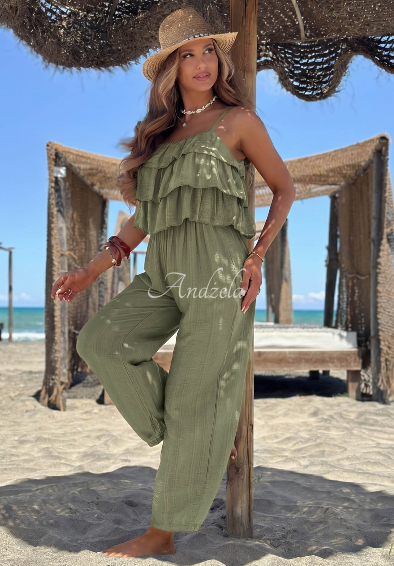 Dlhý viskózový overal na ramienka s volánikmi Ocean Charm khaki