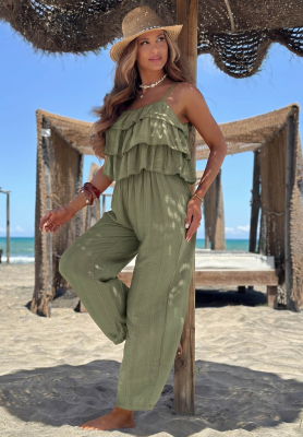 Dlhý viskózový overal na ramienka s volánikmi Ocean Charm khaki