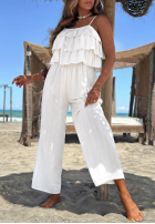 Dlhý Overal wide leg na ramiączkach z falbankami Ocean Charm béžový