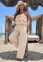 Dlhý Overal wide leg na ramiączkach z falbankami Ocean Charm béžový
