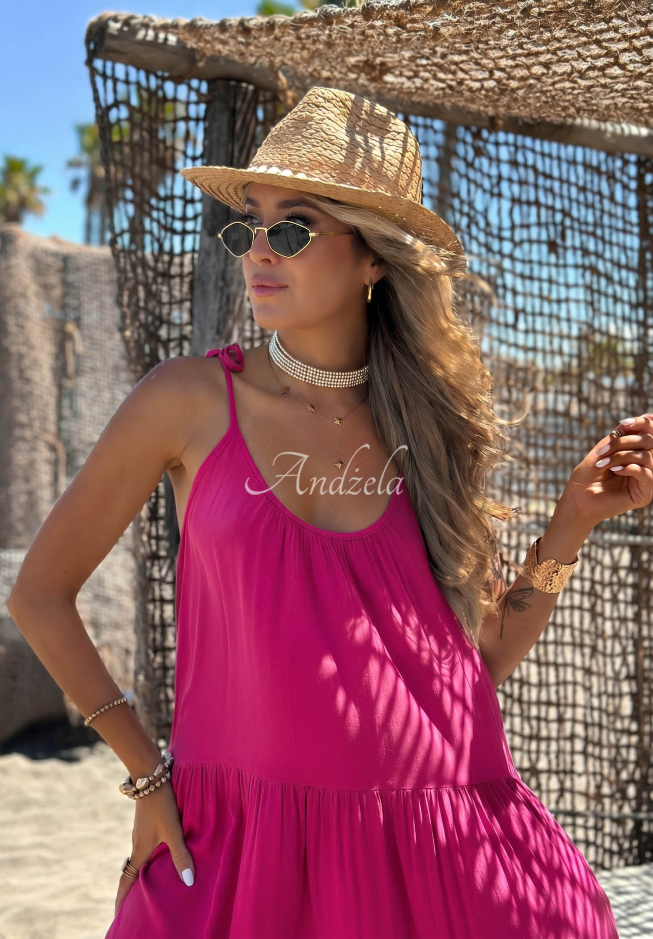Viskózové šaty na ramienka s volánikmi Summer Club fuchsiová