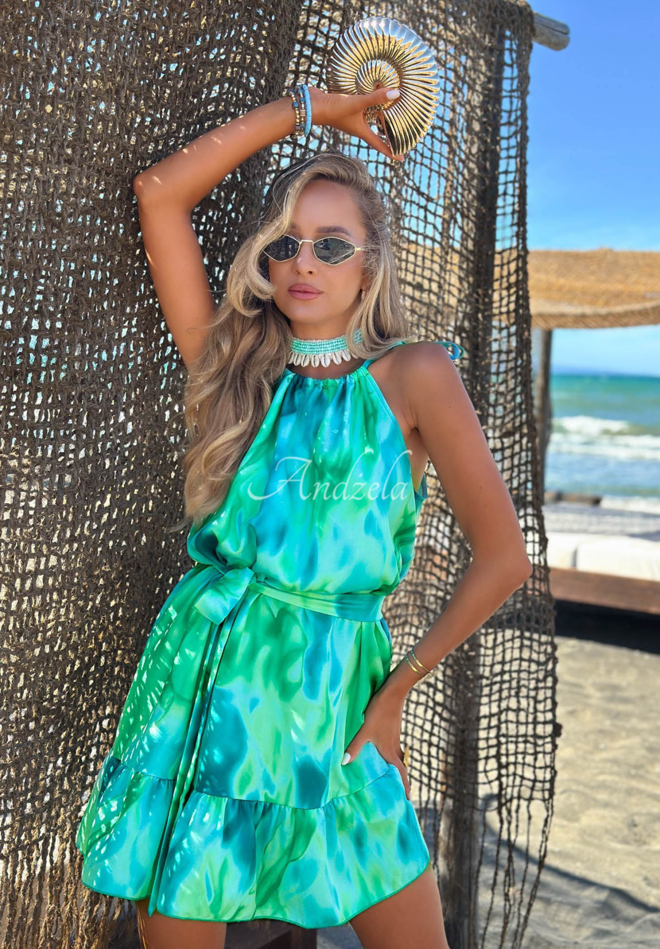 Vzorované mini šaty na ramienka z viskózy Lagoon Breeze zeleno-modré