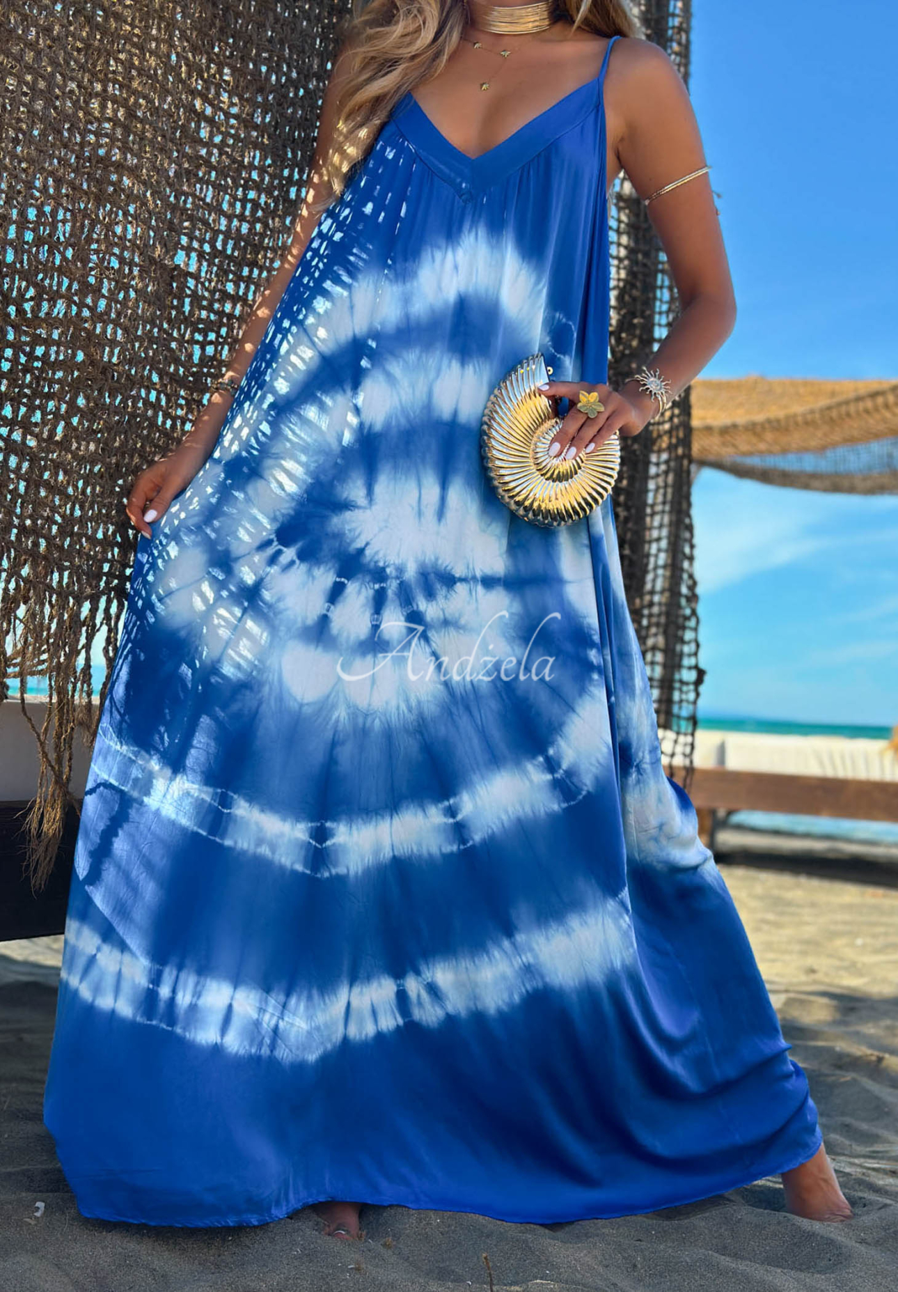 Viskózové maxi šaty na ramienka tie dye Deep Sea kobaltovo-biele