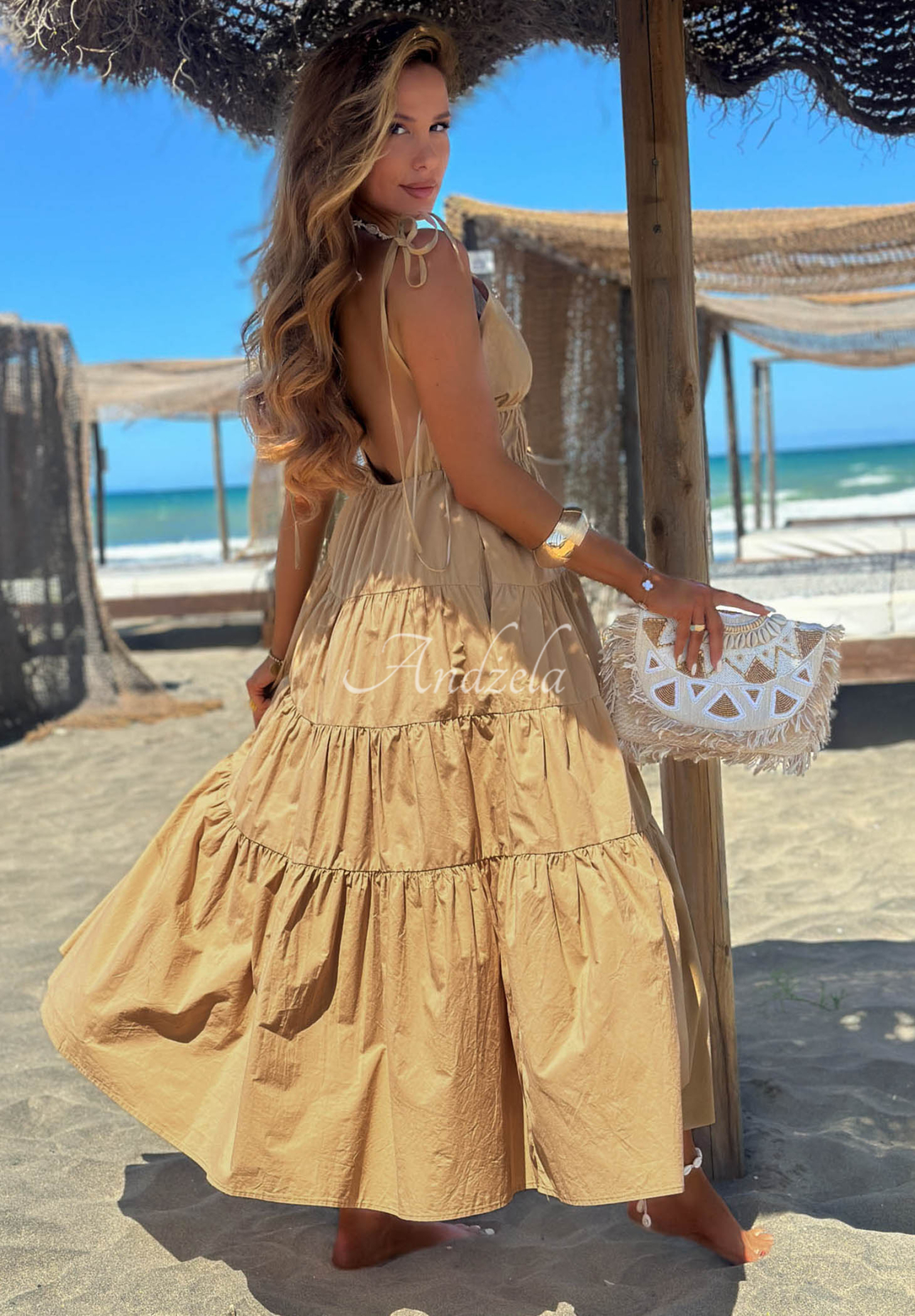 Bavlnené maxi šaty na ramienka s volánikmi Summer Peral béžová