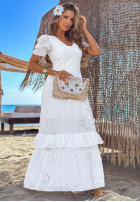 Ażurowa Šaty maxi z bufkami boho Pearl Glow Biela