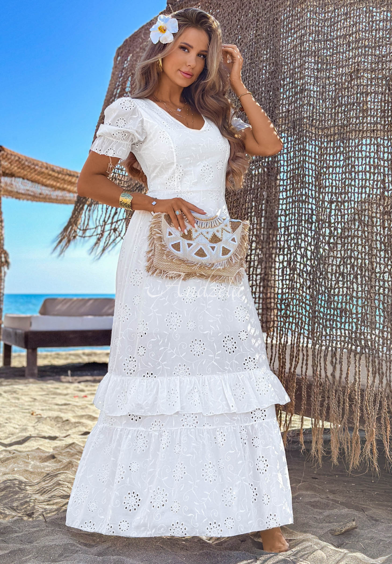 Ažúrové maxi šaty s naberanými rukávmi boho Pearl Glow Biela