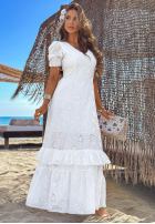 Ażurowa Šaty maxi z bufkami boho Pearl Glow Biela