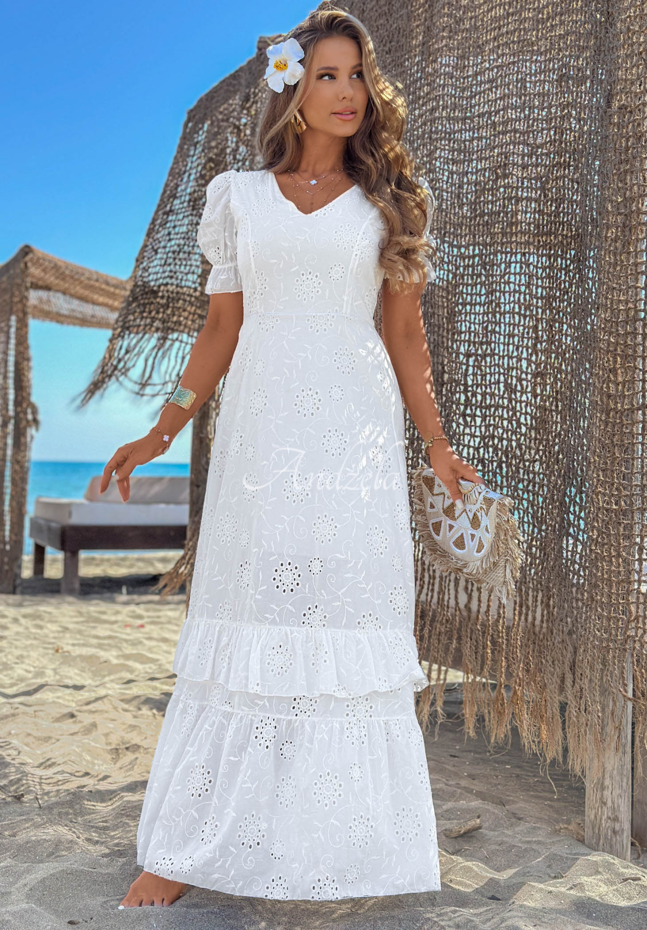Ažúrové maxi šaty s naberanými rukávmi boho Pearl Glow Biela