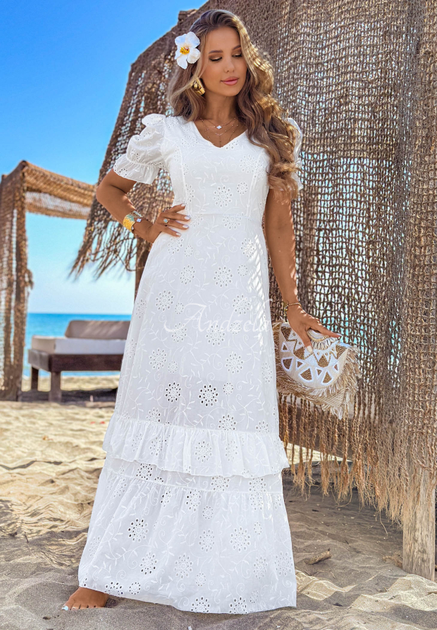 Až&uacute;rov&eacute; maxi &scaron;aty s naberan&yacute;mi ruk&aacute;vmi boho Pearl Glow Biela