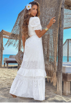 Ażurowa Šaty maxi z bufkami boho Pearl Glow Biela