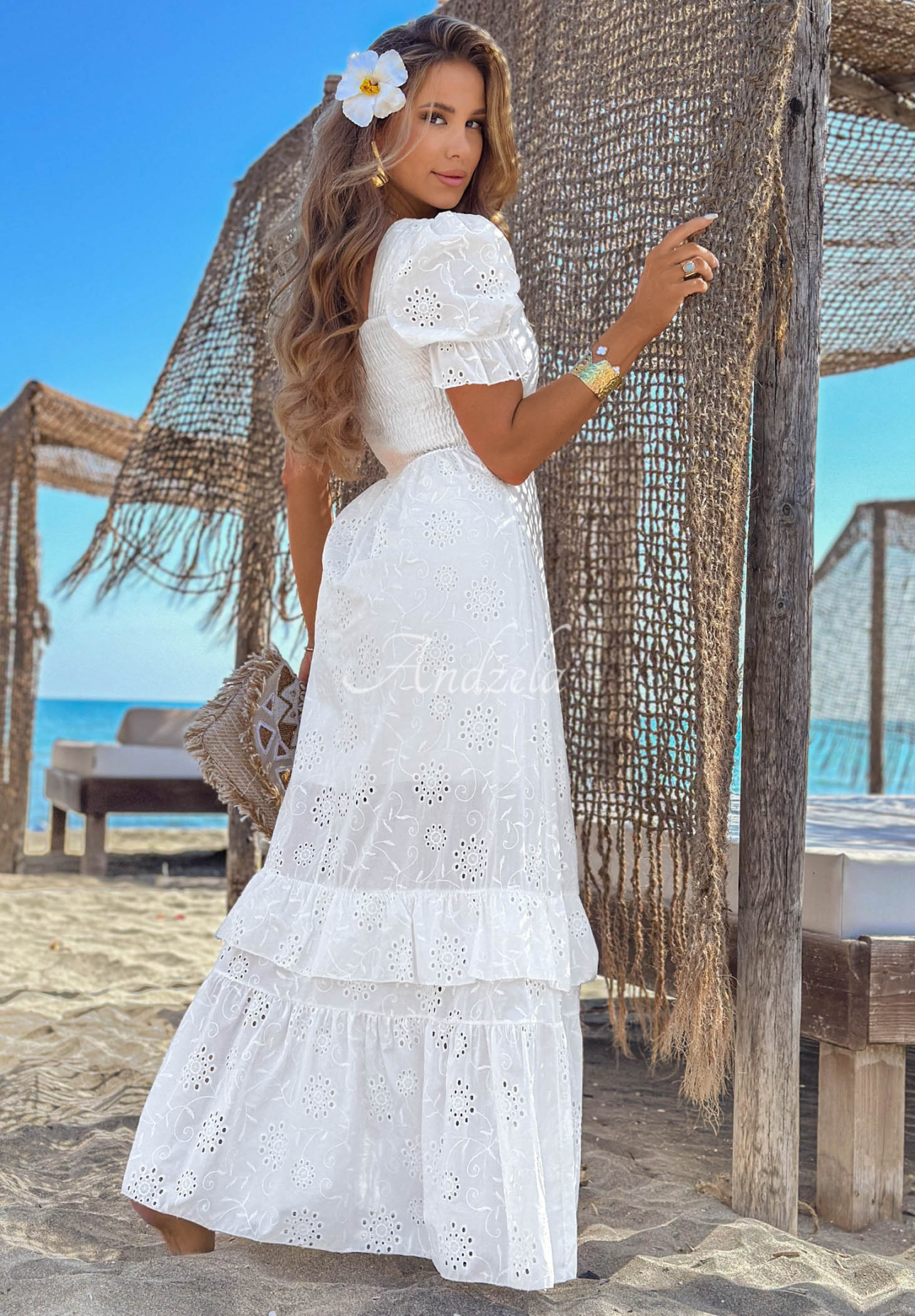 Ažúrové maxi šaty s naberanými rukávmi boho Pearl Glow Biela