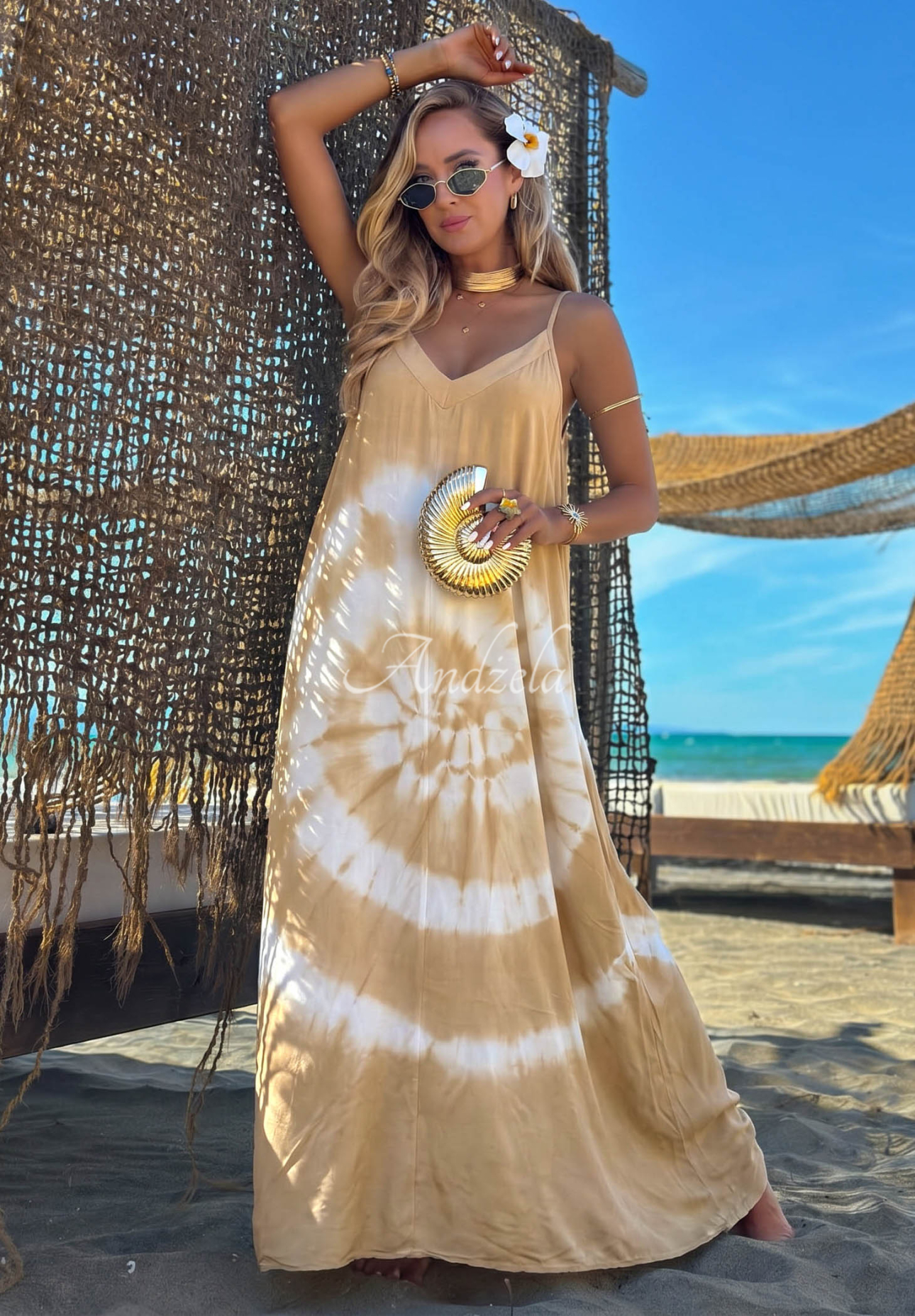 Viskózové maxi šaty na ramienka tie dye Deep Sea ťavio-biele