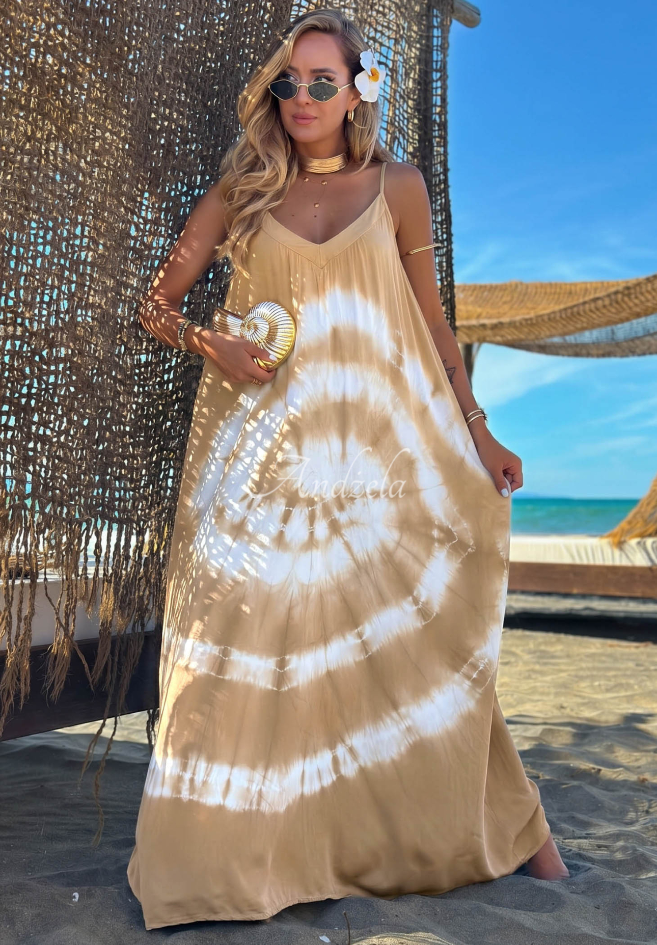 Viskózové maxi šaty na ramienka tie dye Deep Sea ťavio-biele