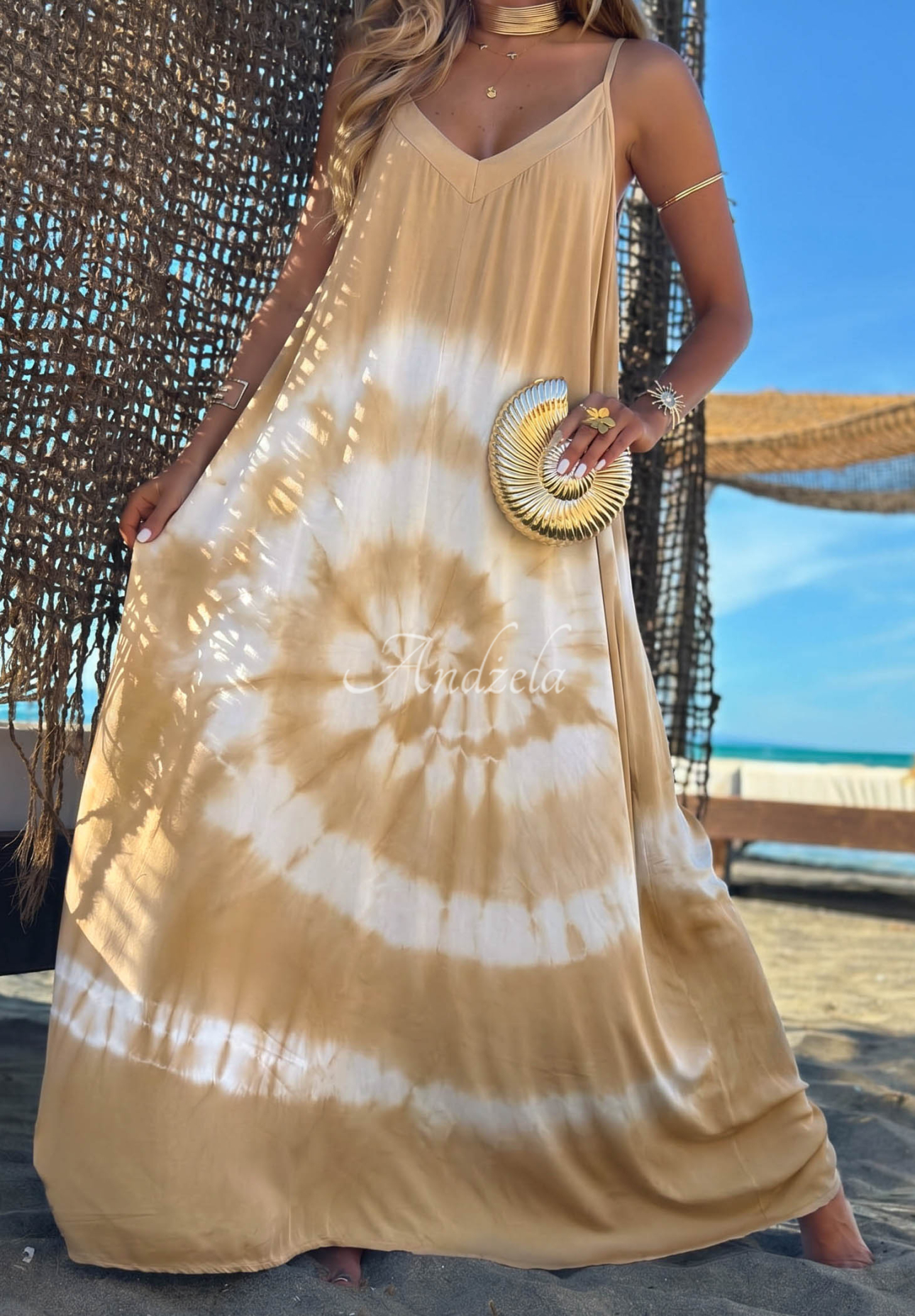 Viskózové maxi šaty na ramienka tie dye Deep Sea ťavio-biele