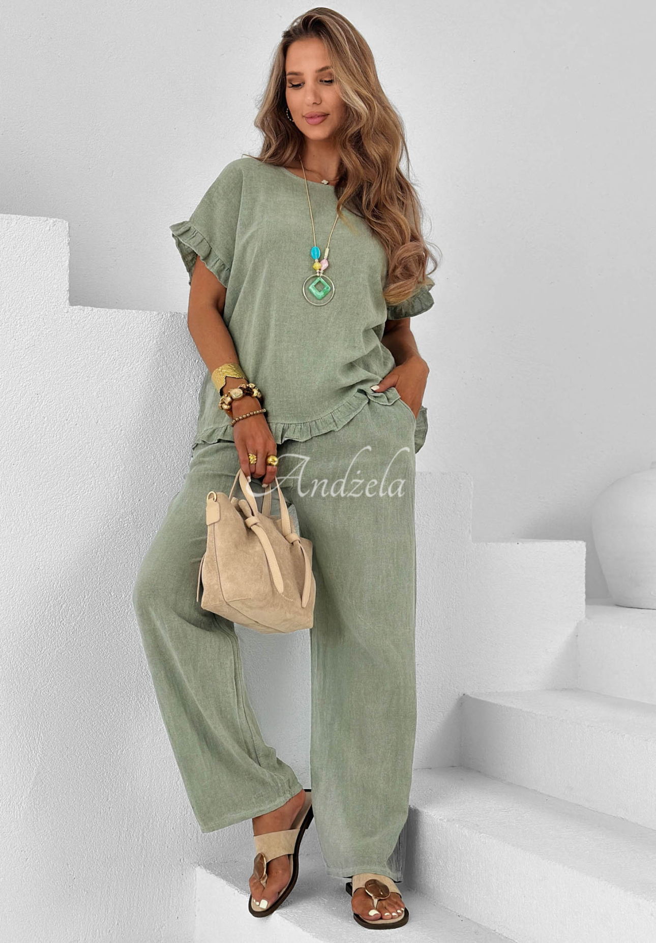 Bavlnená súprava blúzka a nohavice wide leg s ľanom Summer Breeze khaki