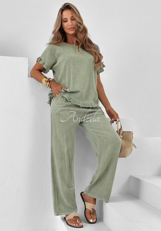 Bavlnen&aacute; s&uacute;prava bl&uacute;zka a nohavice wide leg s ľanom Summer Breeze khaki